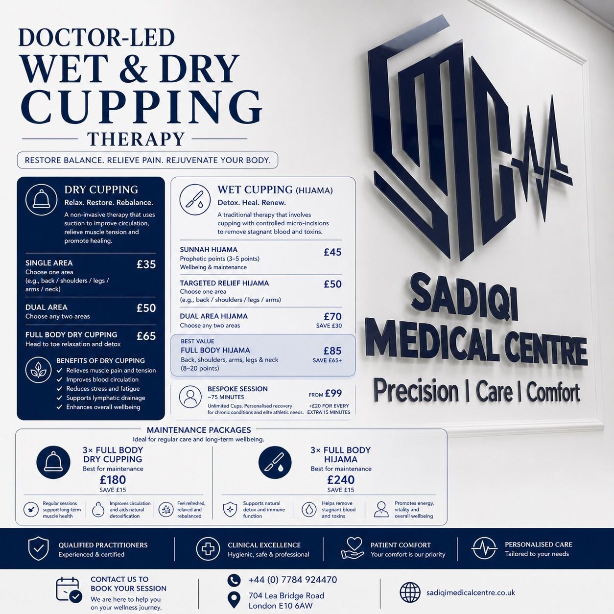 Hijama and cupping therapy pricing information at Sadiqi Medical Centre